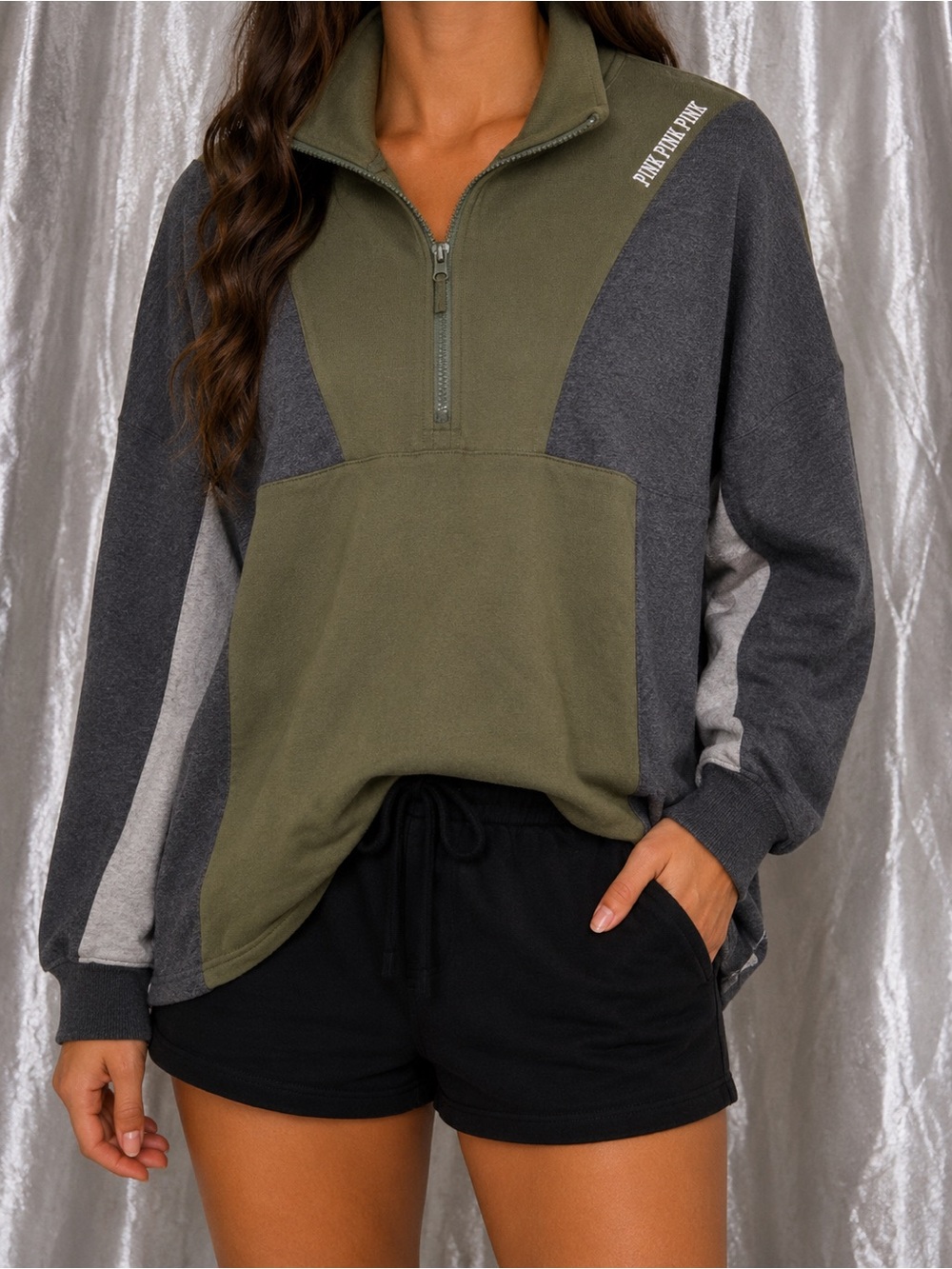 Victoria’s Secret PINK Womens XS Olive Gray Colorblock Quarter Zip Pullover